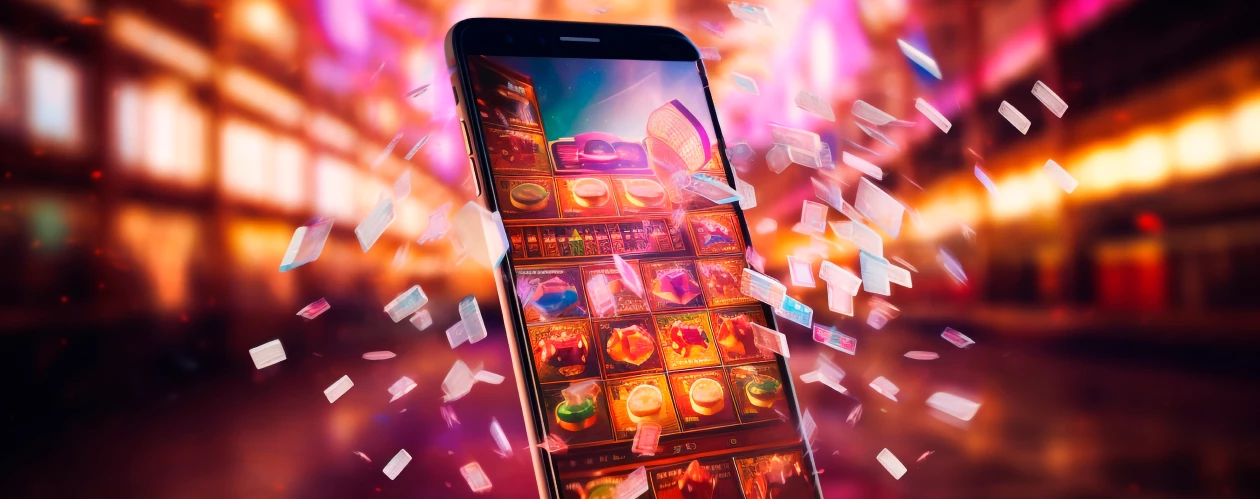 A digital slot game playing on a smartphone screen surrounded by floating glowing square chips.