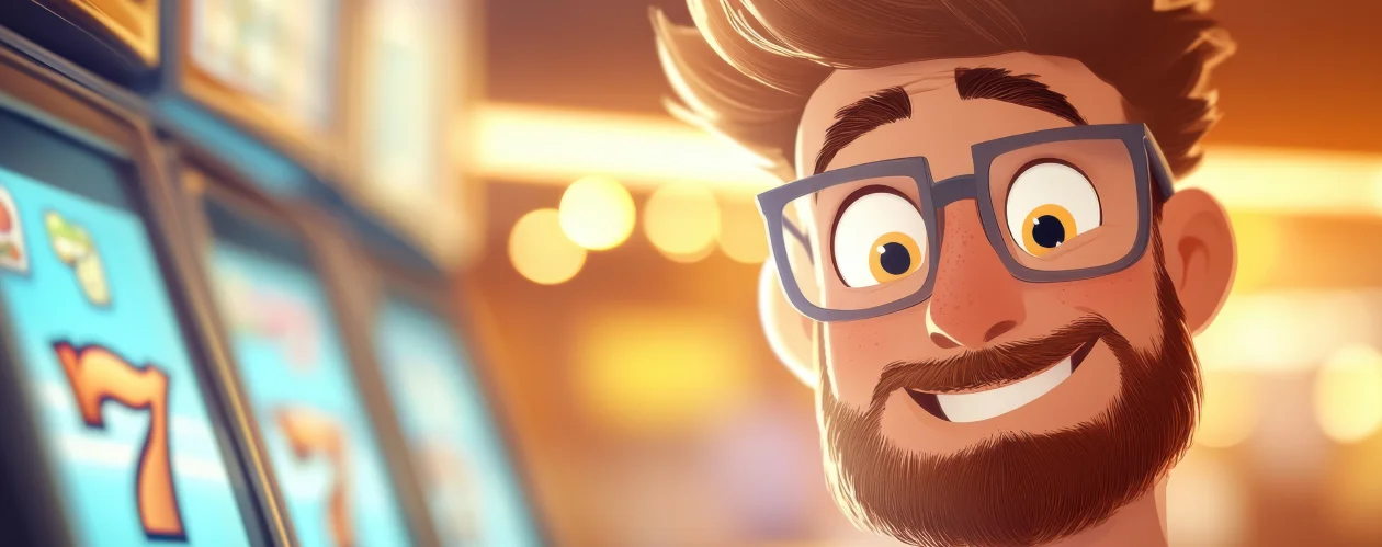 A cheerful, wide-eyed cartoon man with glasses and a beard smiles excitedly in front of glowing slot machines.
