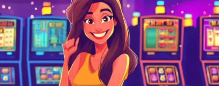 A cheerful, smiling cartoon woman with long brown hair posing in front of glowing slot machines in a casino setting.