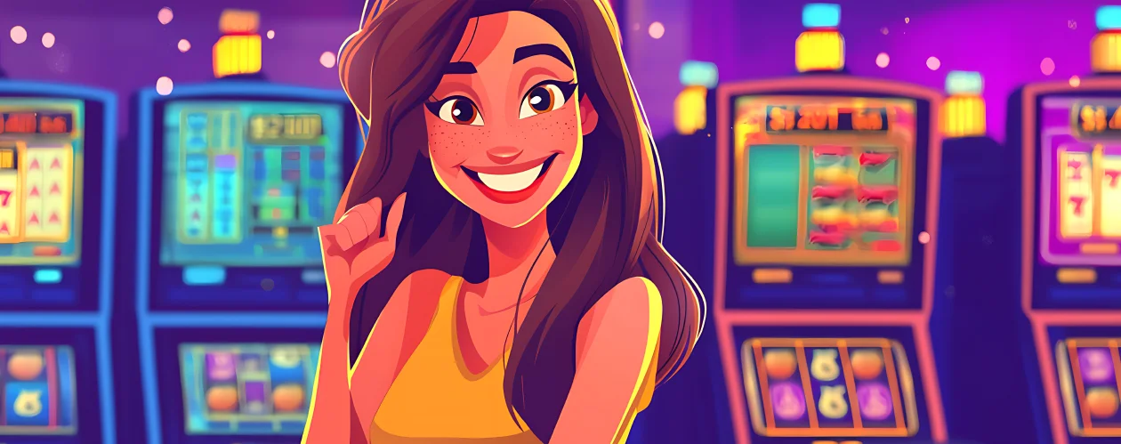 A cheerful, smiling cartoon woman with long brown hair posing in front of glowing slot machines in a casino setting.