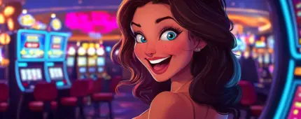 Illustration of an excited dark-haired woman smiling inside a colorful casino surrounded by glowing slot machines.