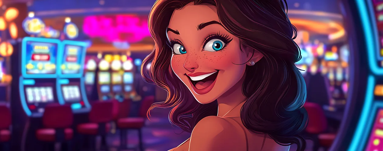 Illustration of an excited dark-haired woman smiling inside a colorful casino surrounded by glowing slot machines.