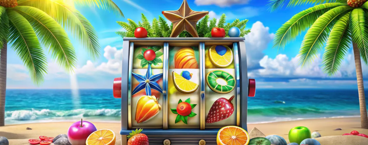 A colorful slot machine with fruit and star symbols set on a tropical beach surrounded by palm trees and bright turquoise water.